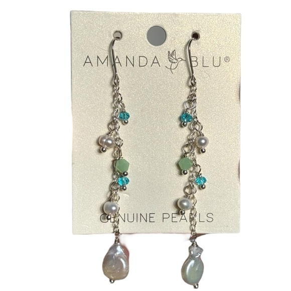 AMANDA BLU Genuine Pearl Blue Green Dangle Waterfall Earrings NEW - Picture 1 of 4